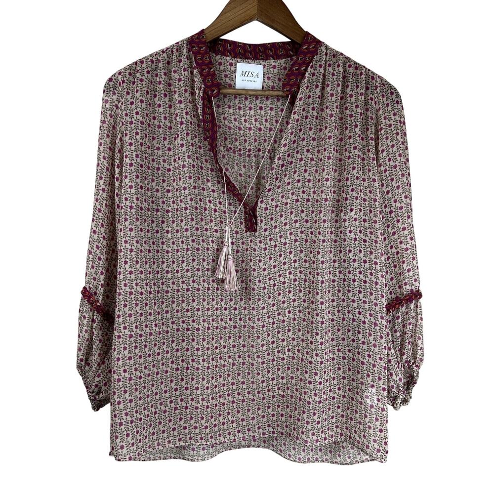 Misa Top Women XS Peasant Blouse Boho Bohemian Classic Art Sheer Pattern Neutral
